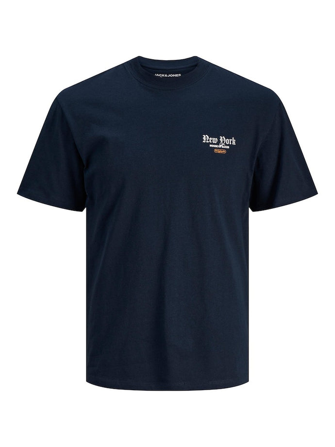 T-SHIRT ΜΕ ΣΤΡΟΓΓΥΛΗ ΛΑΙΜΟΚΟΨΗ, 100% ΒΑΜΒΑΚΙ, ΜΕ ΣΤΑΜΠΑ ΕΜΠΡΟΣ ΚΑΙ ΠΙΣΩ, RELAXED FIT