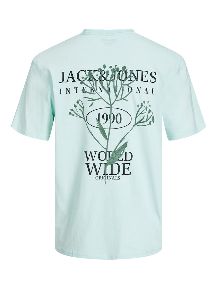 T-SHIRT ΜΕ ΣΤΡΟΓΓΥΛΗ ΛΑΙΜΟΚΟΨΗ, 100% ΒΑΜΒΑΚΙ, ΜΕ ΣΤΑΜΠΑ ΕΜΠΡΟΣ ΚΑΙ ΠΙΣΩ, RELAXED FIT