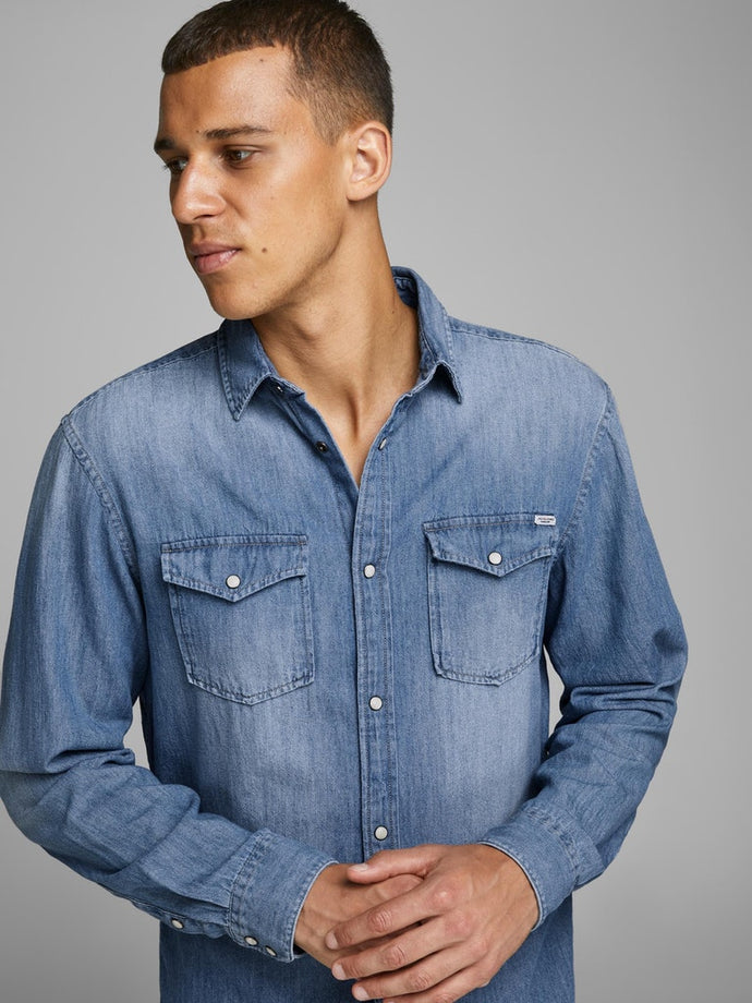 JEANS ΠΟΥΚΑΜΙΣΟ , 100% BAMBAKI , ME ΔΥΟ ΤΣΕΠΕΣ ΕΜΠΡΟΣ , SLIM FIT